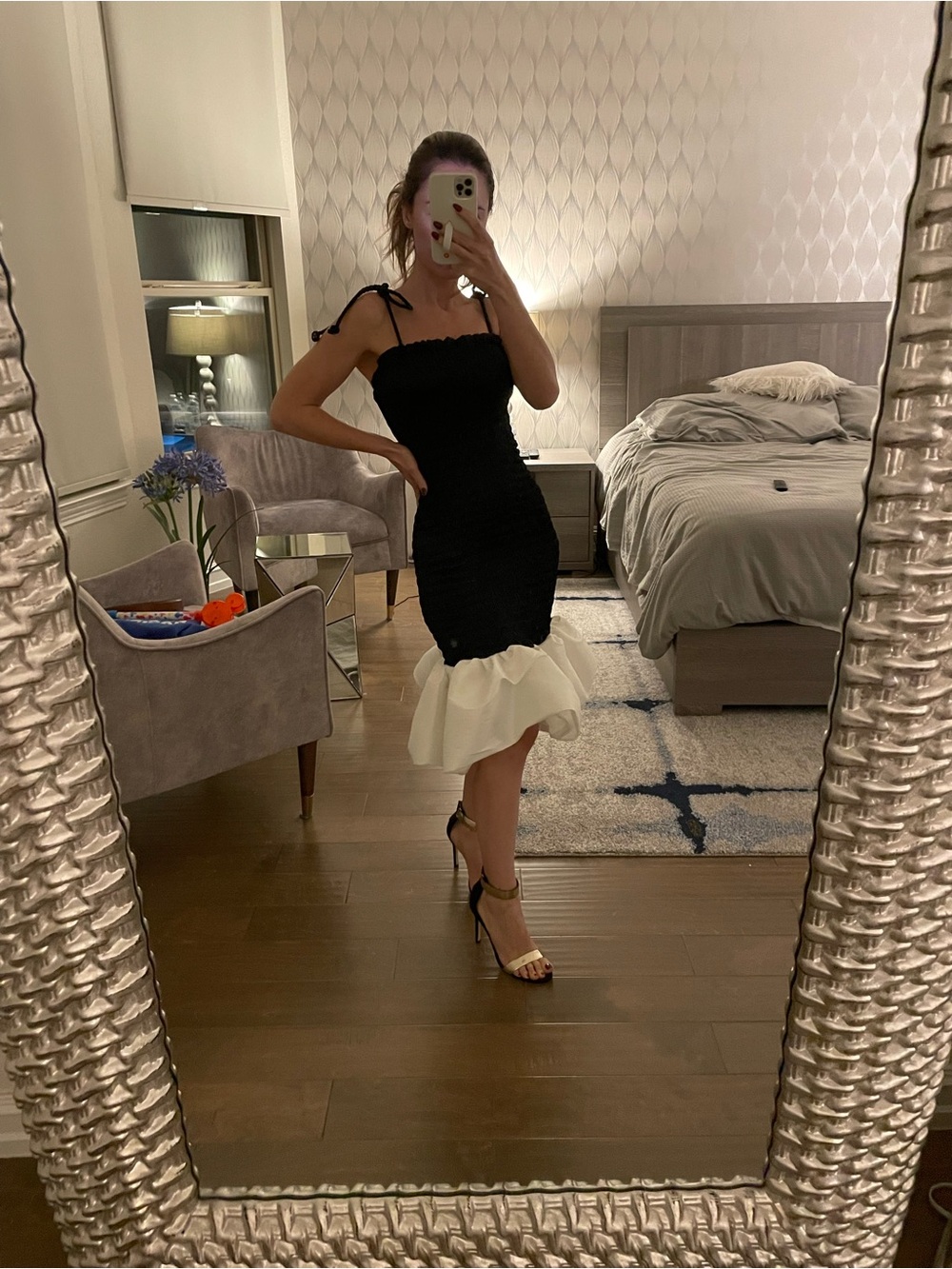 Black & White Ruffle-Hem Bodycon Dress